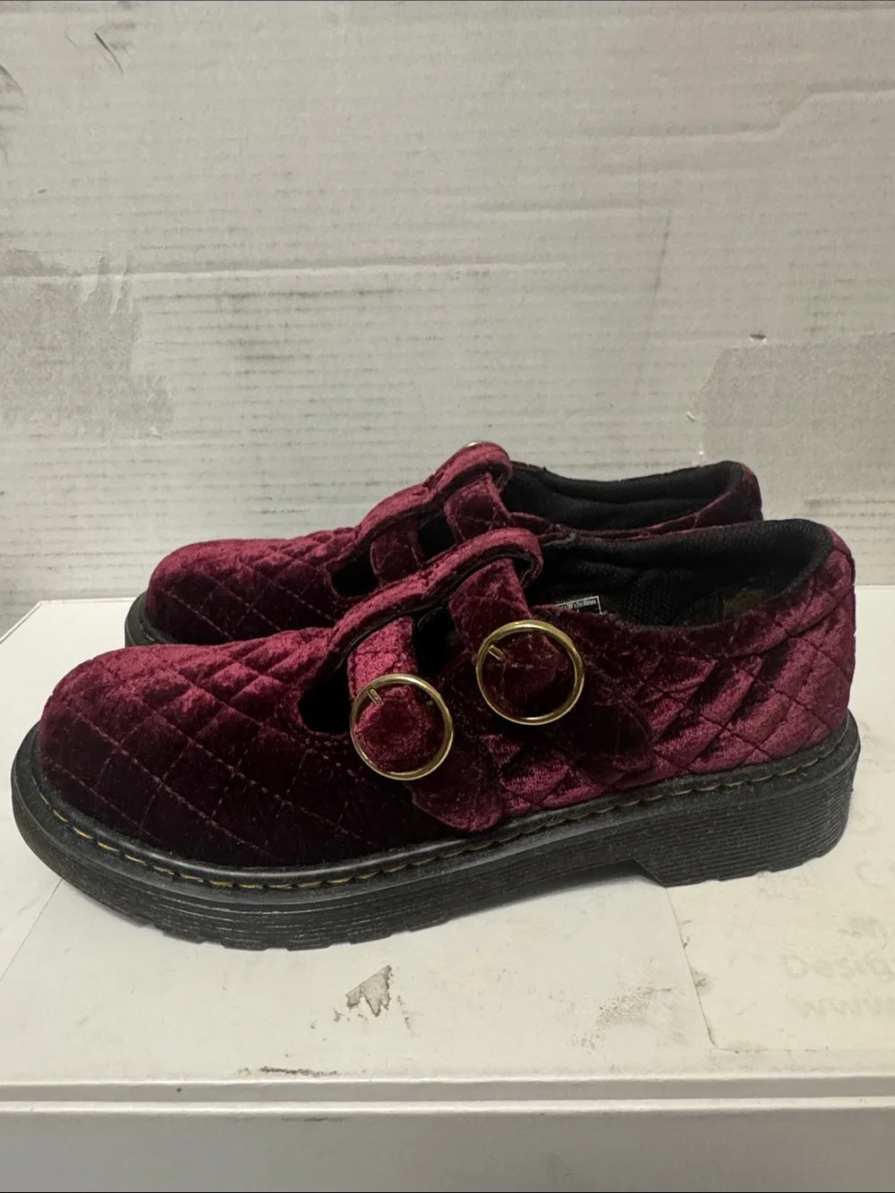Dr. Martens Kids Quilted Burgundy Velvet Double-Strap Mary Janes